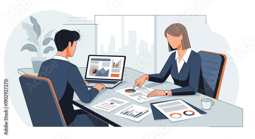 Business professionals analyzing financial reports and charts on a laptop during a meeting in a modern office setting