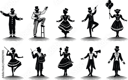 Vintage circus performer silhouettes set, Victorian era entertainers juggling dancing musicians isolated on white background black illustration collection design elements