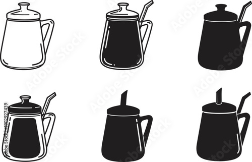 Vintage coffee pot vector set, black and white kitchen teapot icons, minimalist barista brewing equipment illustration, retro cafe design elements