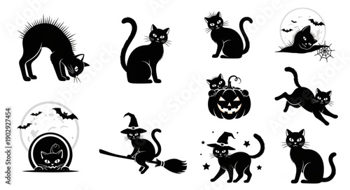 Collection of black cat silhouettes for Halloween celebrations.