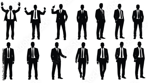 Black vector silhouettes of professional businessmen standing in formal suits with various expressive poses isolated on white background for design.