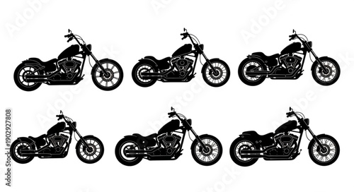 Collection of Black Motorcycle Silhouettes on White Background.