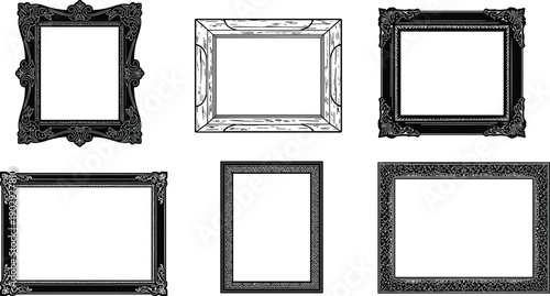 Vintage decorative picture frame collection, black and white ornate border design, antique wooden frame illustration, classic art frame template