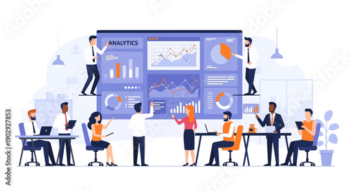 Collaborative business team analyzing data analytics dashboard, visualizing financial insights and market trends for strategic decision-making and project management in a modern office