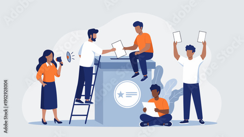 Vector illustration of people working together on devices around a large voting box