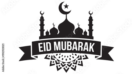 Eid Mubarak Vector Illustration With Mosque Silhouette And Crescent Moon For Islamic Holiday Greeting