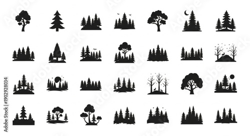 Collection of Black Silhouette Forest and Tree Icons.