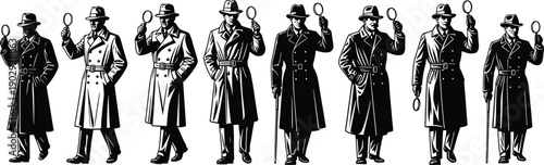 Vintage detective silhouette collection, classic private investigator poses with magnifying glass, noir mystery characters, black and white vector illustration set