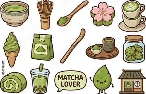 Japanese Matcha Tea Set Vector Sticker. Green tea bowl, bamboo whisk chasen, and wagashi sweet collection.