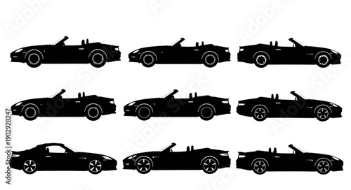 Collection of black sports car silhouettes from different angles.