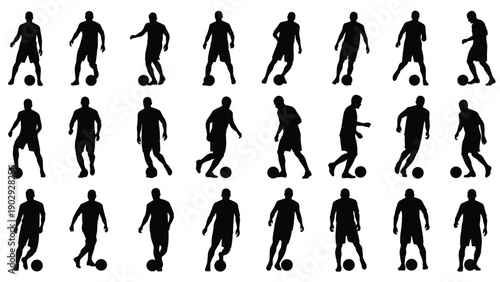 Black vector silhouettes of professional soccer players dribbling and controlling football in various athletic poses isolated on white background collection.