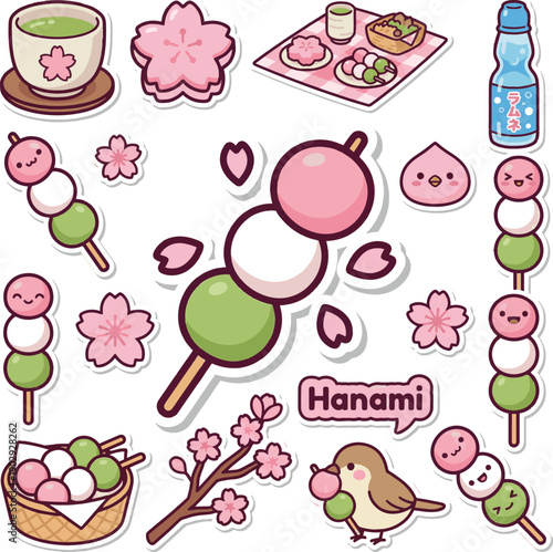 Cute Hanami Dango Vector Sticker. Three color mochi dumpling skewer with sakura petals isolated