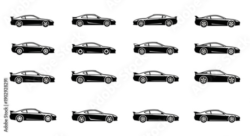 Collection of black sports car silhouettes isolated on white background.
