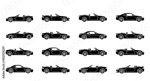 Collection of Black Sports Car Silhouettes Isolated on White Background.