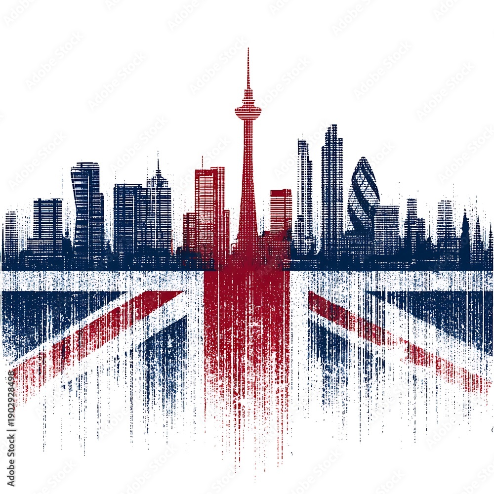 Naklejka premium A stylized skyline featuring iconic buildings and a British flag motif, symbolizing a blend of culture and urban architecture.