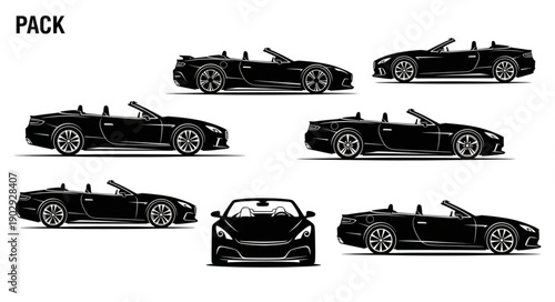 Collection of Black Sports Car Silhouettes on White Background.