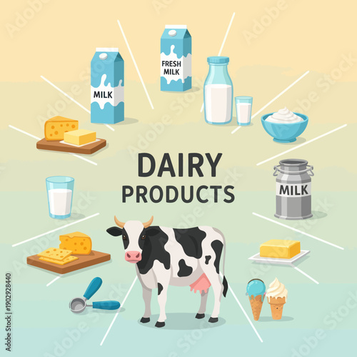 Cow Surrounded by Dairy Products Illustration.