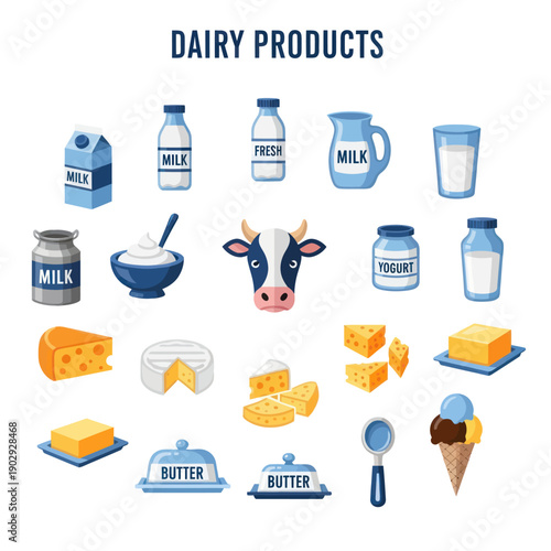 Assorted Dairy Products and Cow Illustration.