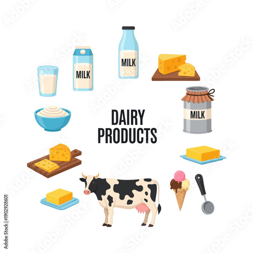 Dairy Products and Cow Illustration.