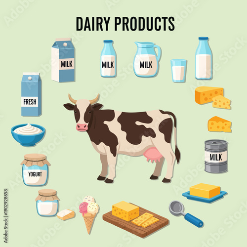 Cow Surrounded by Various Dairy Products.