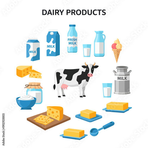 Assorted Dairy Products and Cow Illustration.