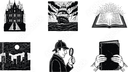 Vintage mystery illustration, detective concept, haunted house, sailing ship, magical book, noir city night, retro engraving style art collection