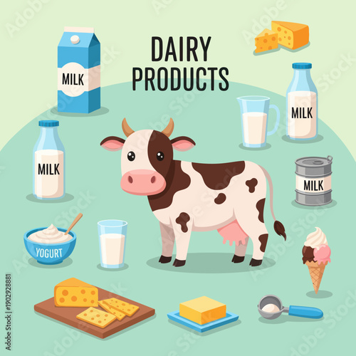 Cow Surrounded by Dairy Products Illustration.