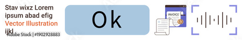 Identity verification, fintech, audio authentication, digital document management, payment security, online transactions. Graphic showing invoice, soundwave and papers. Identity verification