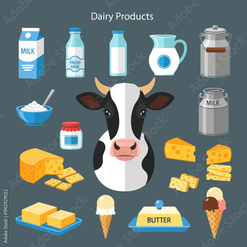 Cow Head Surrounded Dairy Products Illustration.