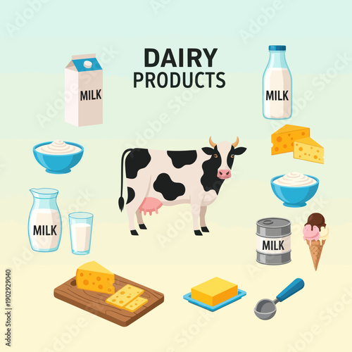 Cow Surrounded by Dairy Products and Milk.