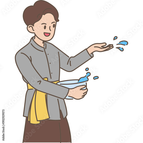 man playing songkran cartoon traditional clothing. Young adult enjoy thailand water festival retro costume