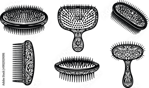Vintage ornate hair brushes and combs vector illustration, decorative black silhouette grooming tools set, antique floral pattern design collection, isolated white background