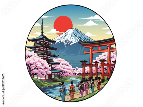 Serene vector illustration of people strolling near a Japanese pagoda and torii gate under a vibrant sunset with cherry blossoms