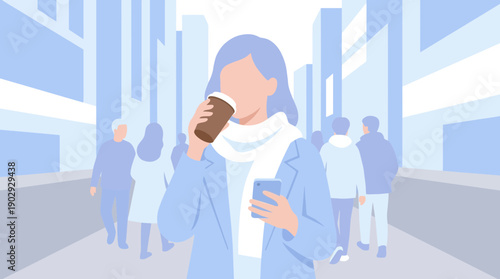 Stylized Woman Drinking Coffee and Using Smartphone in Urban Setting