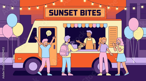 Vibrant Sunset Bites Food Truck Serving Happy Customers