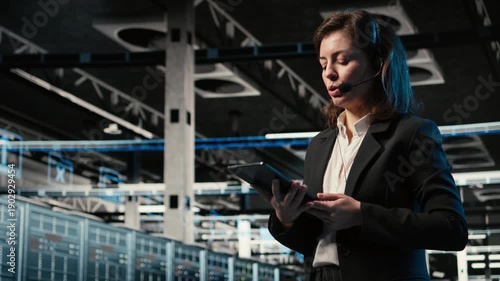 Wallpaper Mural Diagnosing tech issues, AR holographic IT support worker in data center. Talking in headset mic, augmented reality simulation and woman pinpointing network problems, camera A Torontodigital.ca