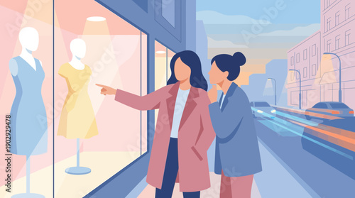 Women Shopping for Fashion at Boutique Store Window
