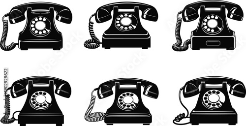 Vintage rotary telephone vector icons set, retro communication device illustration, classic landline phone symbol, old technology design for nostalgia concept.
