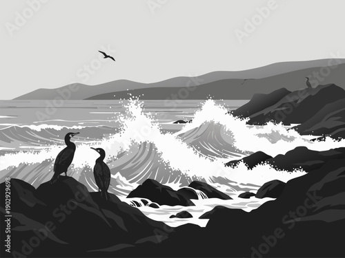 Vector illustration of seabirds perched on rocky coastline with crashing waves and flying seagull