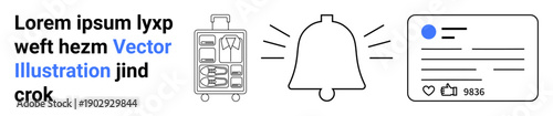 Travel reminders, social notifications, online planning, mobile alerts, user interfaces, engagement tools. Luggage, notification bell and profile card graphics. Travel reminders and social