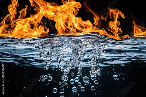 Visual contrast: fiery flame atop water with serene hydrogen bubbles ascending.