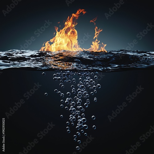 Duality of energy: burning flame contrasts with calm hydrogen bubbles in water.