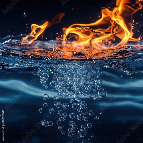 Contrasting elements: fire on water with hydrogen bubbles creates a dual energy scene.