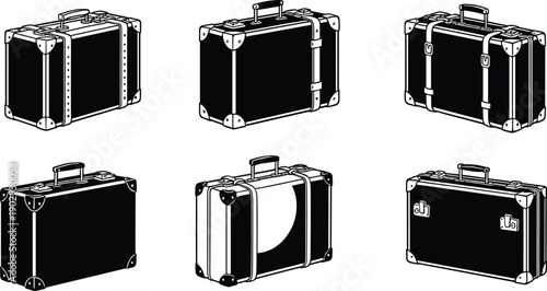 Vintage suitcase silhouette vector collection, classic travel luggage set, retro baggage illustration design, black and white minimal travel icons