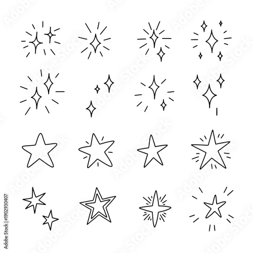 Collection of hand-drawn doodle stars and sparkling elements, perfect for adding a touch of magic, celebration, or quality to creative projects, festive designs, and achievement-themed visuals