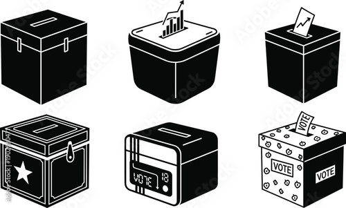 Voting box collection, election ballot design, democracy concept, modern vote illustration, political campaign, voter participation, election symbol, graphic silhouette icon