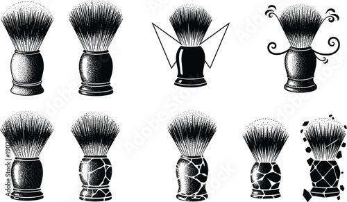 Vintage shaving brush silhouette collection, creative barbershop tools, unique grooming design, retro male accessory, artistic shaving kit vector illustration
