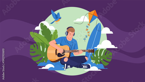 Young man playing guitar with surfboard near tropical plants, vector illustration