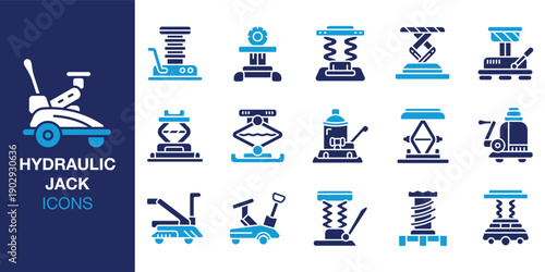 Hydraulic Jack Icon set. Containing carjack, repair, mechanic, garage, workshop and more. Solid vector icons collection. Vector illustration.