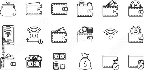 Wallet icon set, money symbols, financial transaction, digital payment, coin purse, dollar bill, bitcoin wallet, mobile finance, banking vector, economy illustration, currency concept